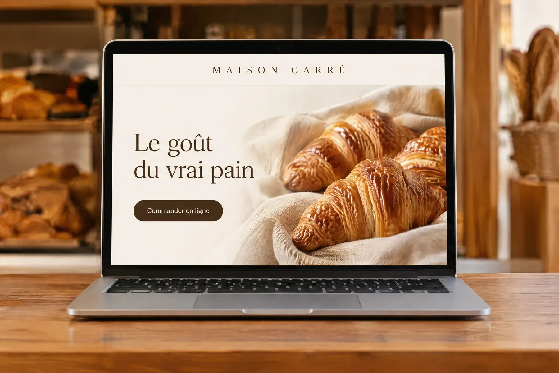 Visuel d’illustration : la même boulangerie fictive après refonte, avec une grande photo de croissants et un bouton pour commander
