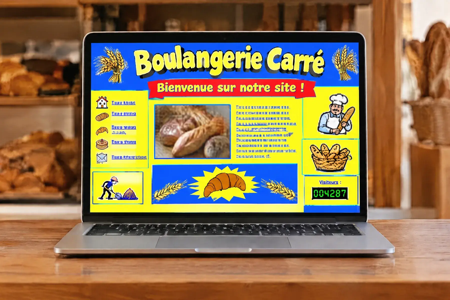 Visuel d’illustration : la page d’accueil datée d’une boulangerie fictive, aux couleurs jaune et bleu criardes, affichée sur un ordinateur portable