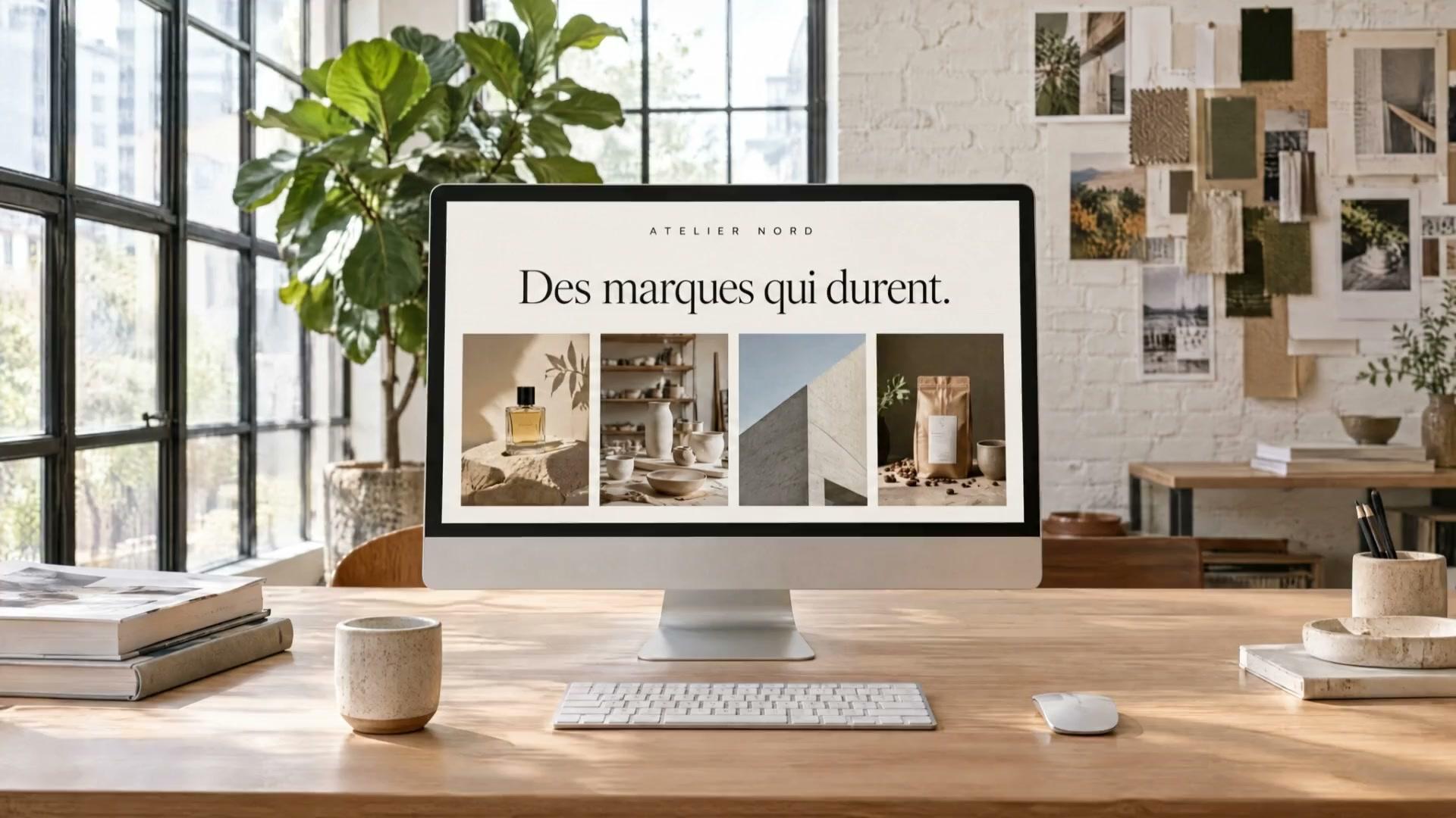 Écran d’ordinateur affichant le site épuré d’un studio de création fictif, posé sur un bureau en bois dans un atelier baigné de lumière