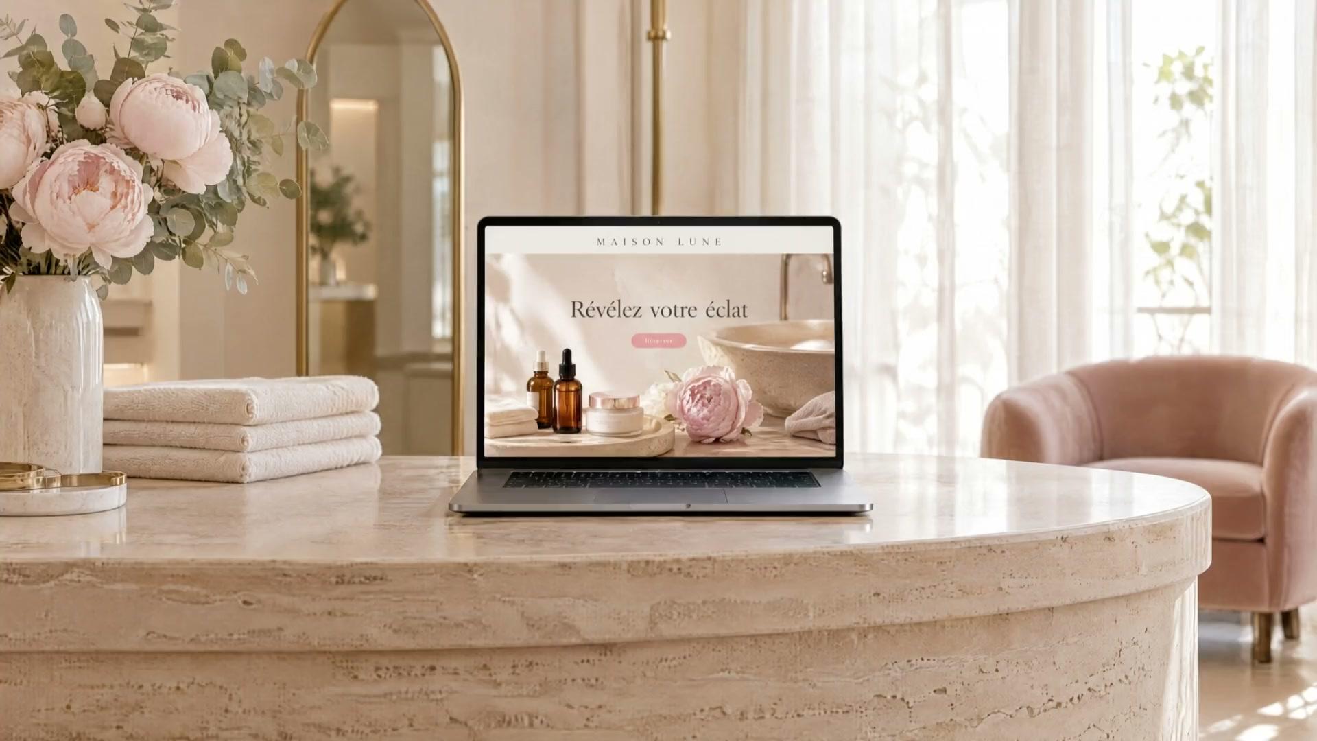 Visuel d’illustration : la page d’accueil d’un institut de beauté fictif sur un ordinateur portable, posé sur un comptoir en travertin près d’un bouquet de pivoines