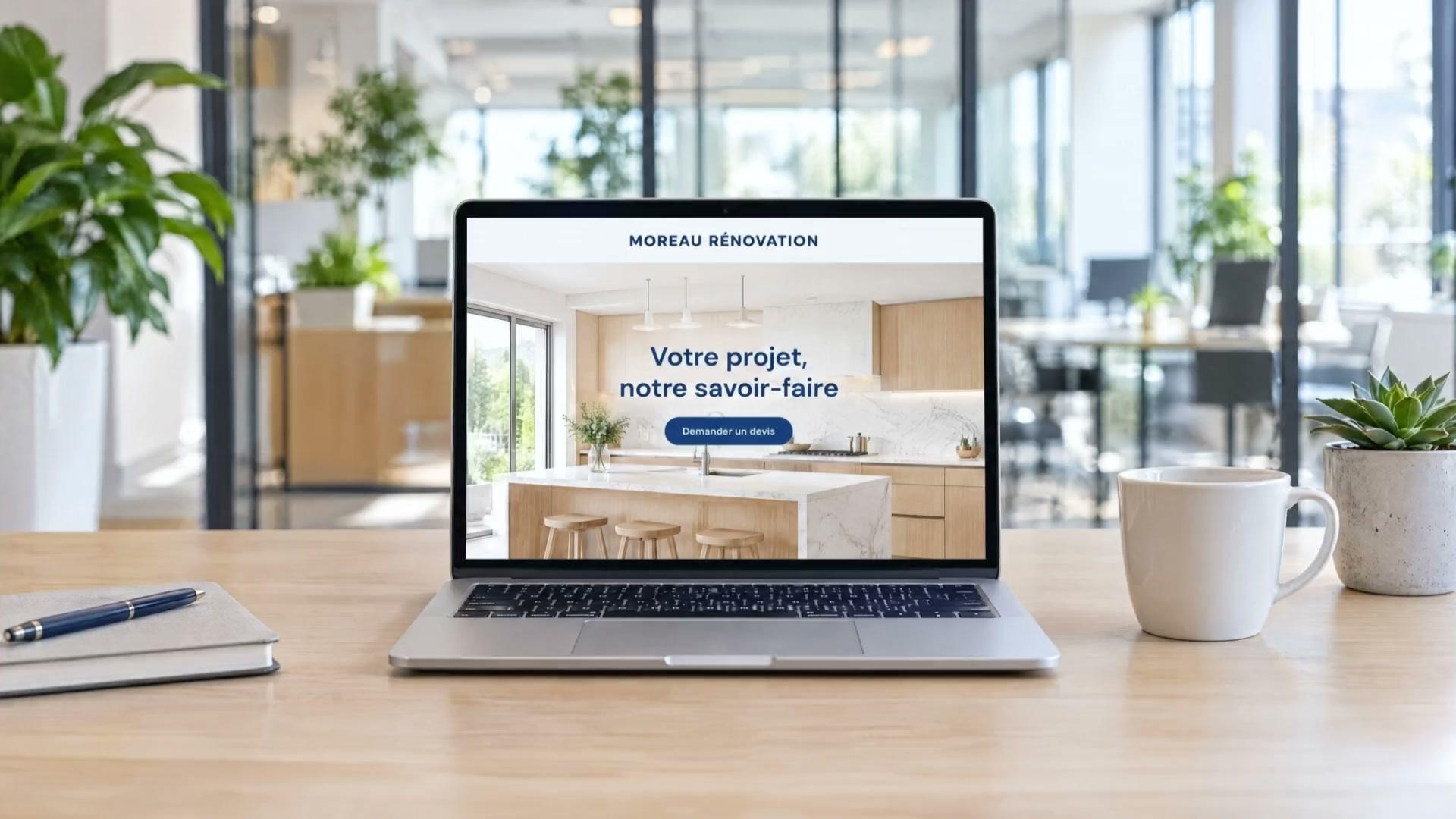 Ordinateur portable ouvert sur le site d’une entreprise de rénovation fictive, posé sur un bureau clair dans un espace de travail lumineux