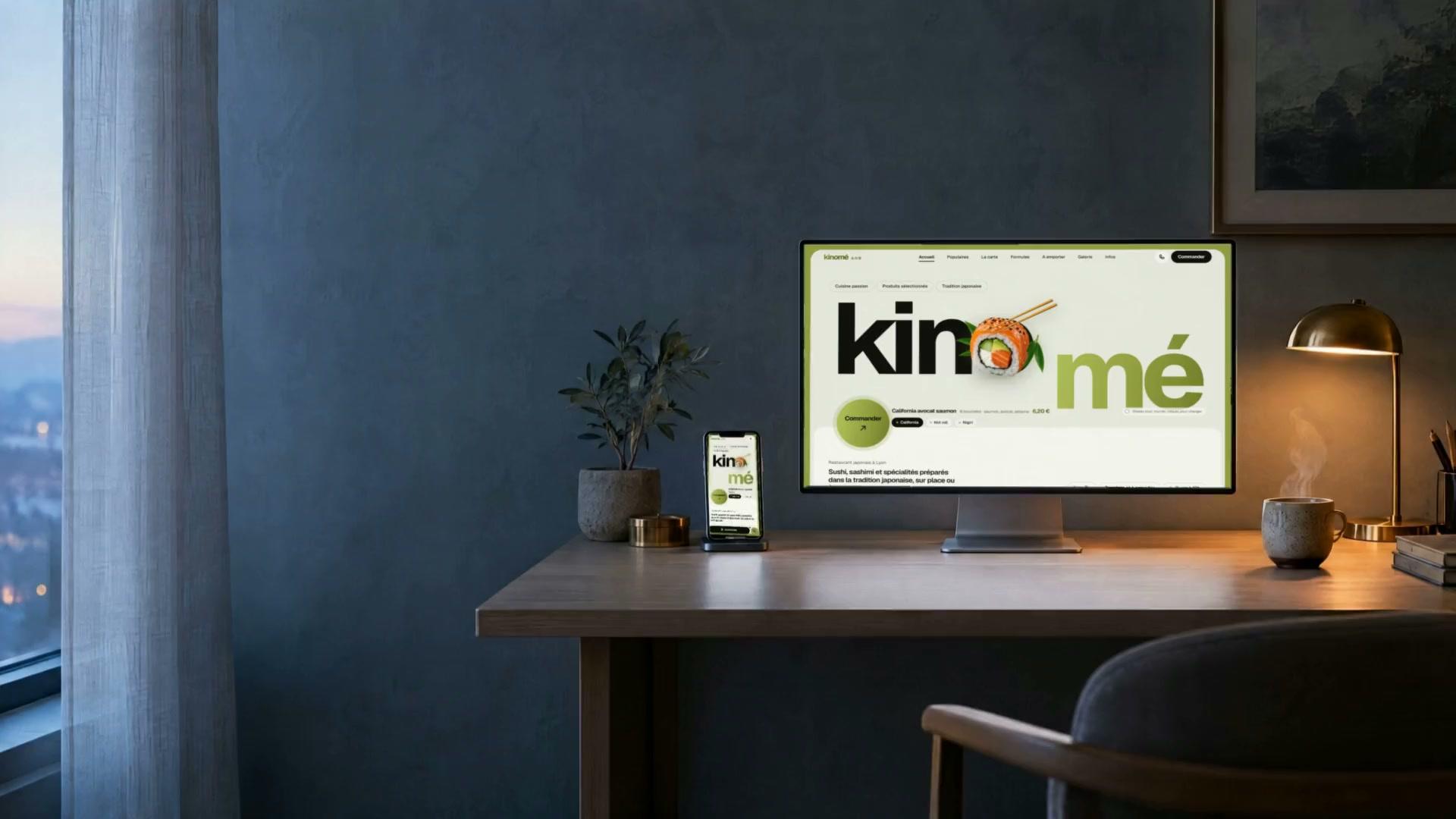 Bureau en soirée éclairé par une lampe dorée : un écran et un smartphone affichent le site du restaurant japonais Kinomé