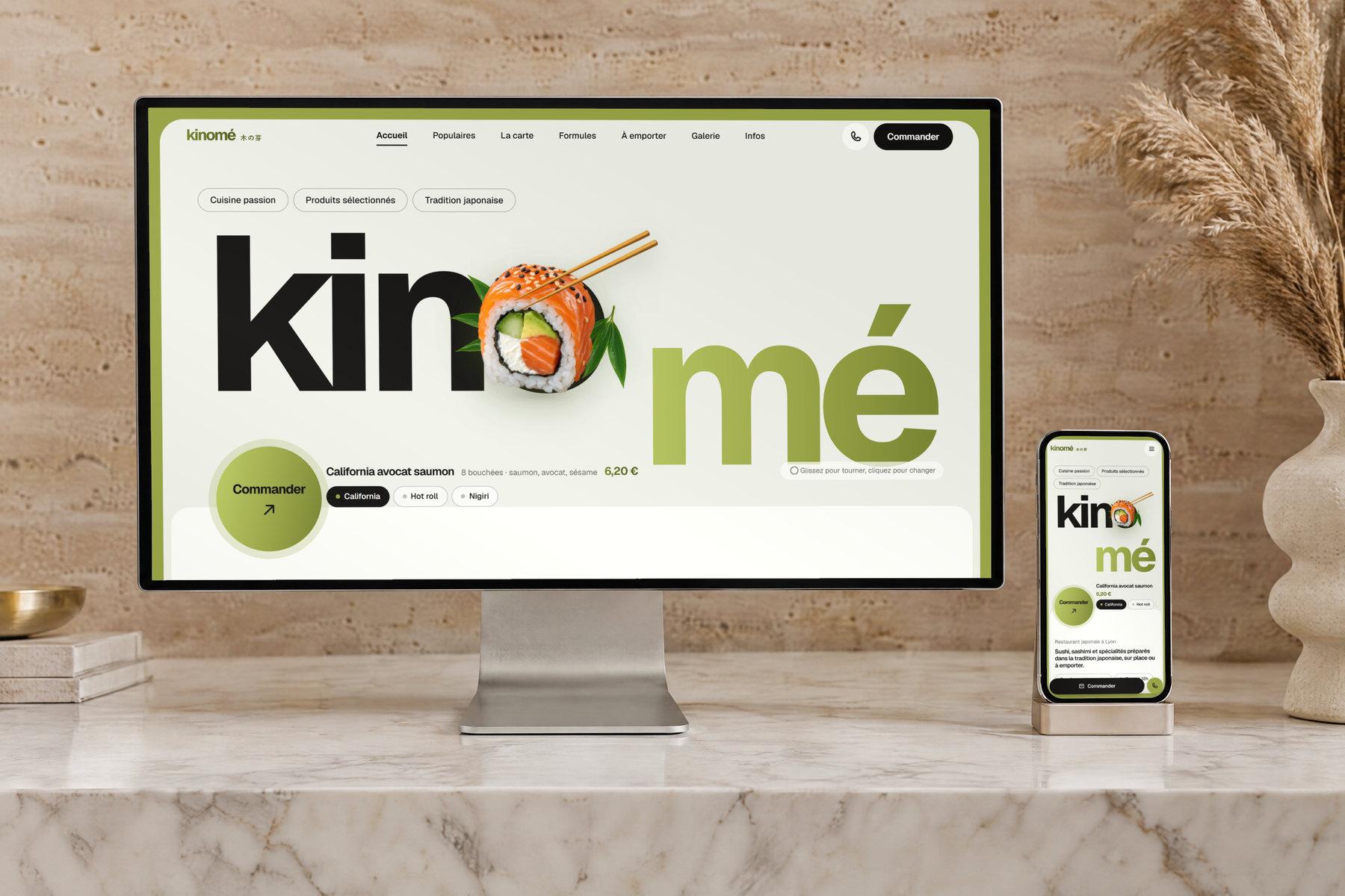 Le site du restaurant Kinomé, réalisé par Idrice AI Web Studio, affiché sur un grand écran et sur un smartphone