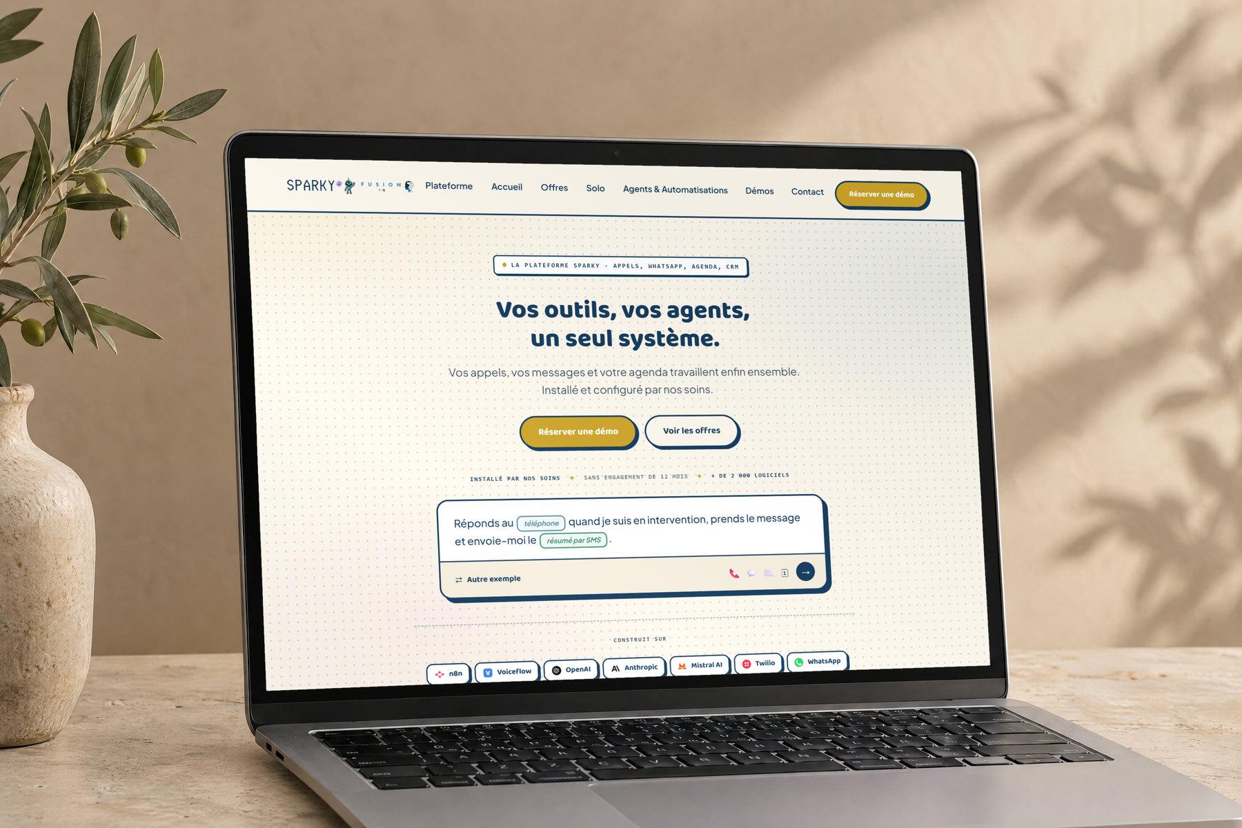 La page d’accueil de Sparky AI, landing page réalisée par Idrice AI Web Studio, affichée sur un ordinateur portable