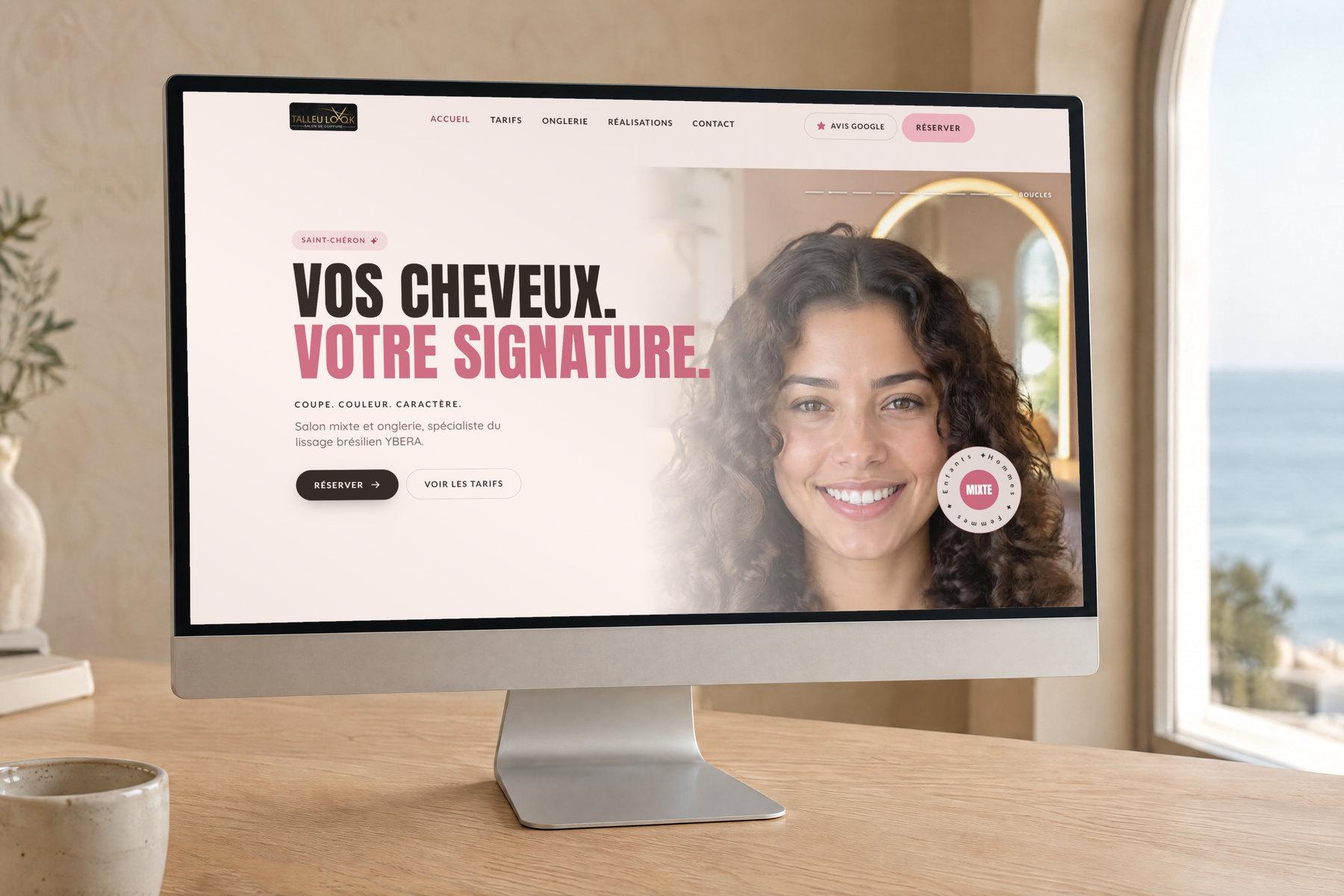 Le site vitrine du salon Talleu Look, réalisé par Idrice AI Web Studio, affiché sur un grand écran
