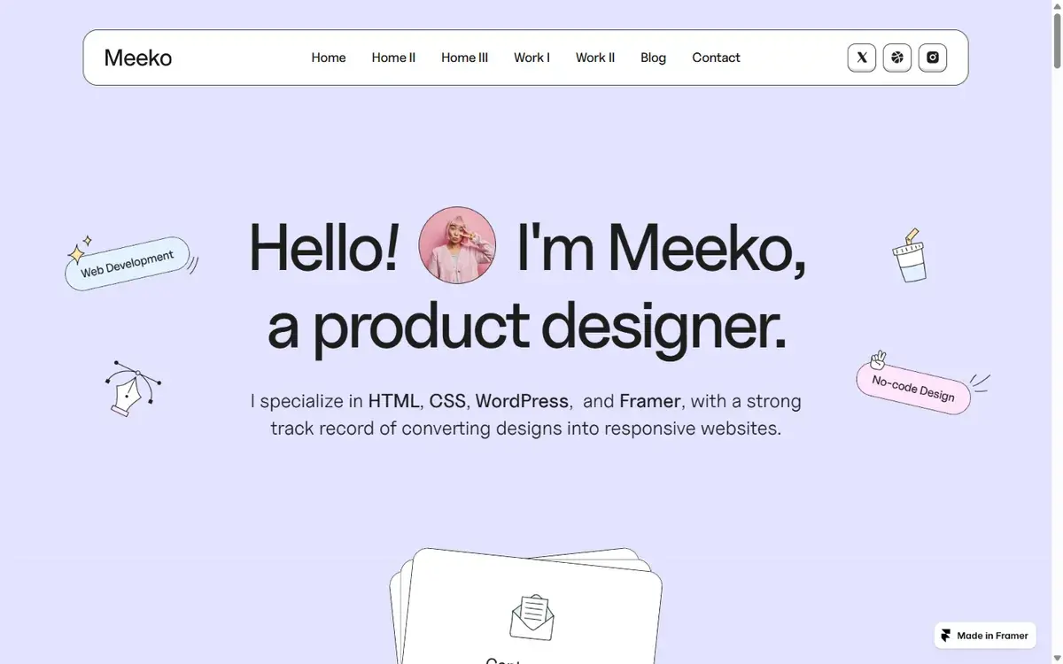 Aperçu du template Meeko : freelance, designer, portfolio personnel